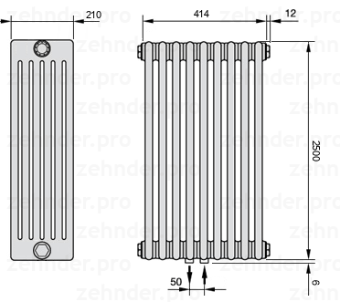 Схема (чертеж) Радиатор Zehnder Charleston 6250/9 №5410 Белый глянцевый RAL 9016